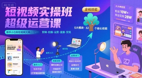 短视频实操班超级运营课，新手小白到短视频大神必修课程，剪辑-拍摄-运营-直播-变现-辰风资源站