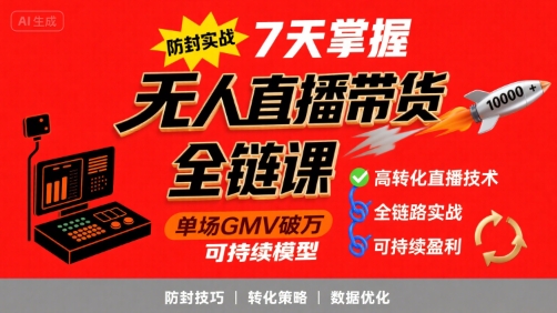 无人直播带货全链防封实战课，7天掌握高转化直播技术，实现单场GMV破万可持续模型-辰风资源站
