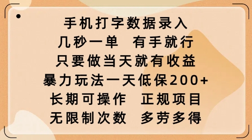 手机打字数据录入，几秒一单，有手就行，只要做当天就有收益，暴力玩法一天低保2张-慕云辰风博客