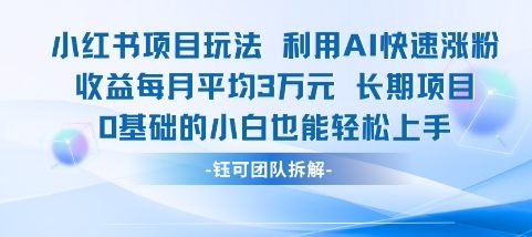 适合小白操作的小红书新项目，利用AI快速涨粉，收益每月平均1W+-辰风资源站