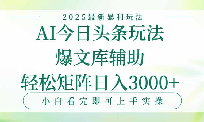 （15356期）今日头条2025年最新暴利玩法，一键生成爆款，轻松实现矩阵日入3000+-辰风资源站