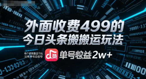 外面收费499的今日头条搬运玩法，有个老铁靠这个玩法单号总收益2w+-辰风资源站
