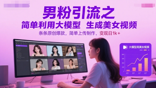 男粉引流之简单利用大模型生成美女视频，条条原创爆款，简单上传制作，变现日1k+-辰风资源站