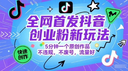 全网首发抖音创业粉新玩法，5分钟一个原创作品，不违规，不废号，流量好-辰风资源站