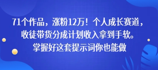 71个作品，涨粉12W！个人成长赛道，收徒带货分成计划收入拿到手软，掌握好这套提示词你也能做-辰风资源站