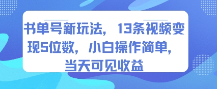 书单号新玩法，13条视频变现5位数，小白操作简单，当天可见收益-辰风资源站