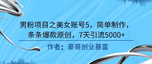 男粉项目之美女账号5，简单制作，条条爆款原创，7天引流5000+-辰风资源站