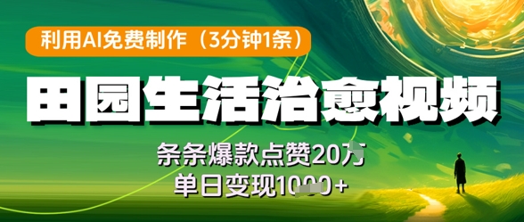 利用AI免费制作田园生活治愈视频，条条爆款点赞20W，单日变现几张-辰风资源站