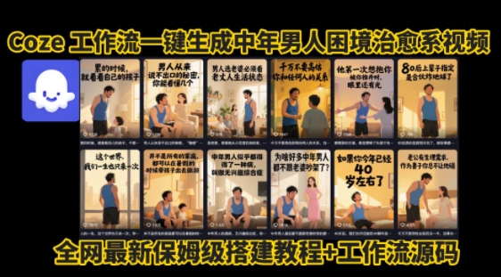 coze工作流一键生成”中年男人困境扎心高涨粉高播放量图文视频”保姆级拆解教程，无需剪辑，无需拍摄写文案-辰风资源站