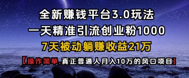 全新赚钱平台3.0玩法一天精准引流创业粉1000.7天被动躺Z收益21W【仅揭秘】-慕云辰风博客