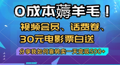 0成本薅羊毛!视频会员、话费卷、30元电影票白送，分享我如何靠转卖一天变现5张+【揭秘】-辰风资源站