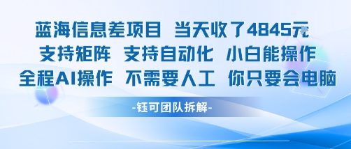 蓝海信息差项目当天收米1k+ 支持矩阵支持自动化小白能操作全程AI操作不需要人工你只要会电脑-辰风资源站