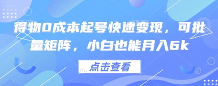 得物0成本起号快速变现，可批量矩阵，小白也能月入6k-辰风资源站