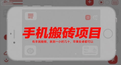 手机搬砖项目，有手就能做，亲测一小时几十，苹果安卓都可以-辰风资源站