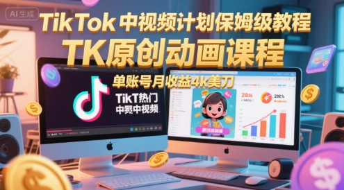 TikTok中视频计划保姆级教程，TK原创动画课程，单账号月收益4k美刀-辰风资源站