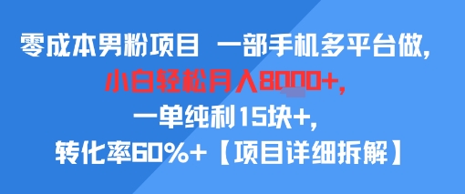 零成本男粉项目 一部手机多平台做，小白轻松月入8k+，一单纯利15块+，转化率60%+【项目拆解】-辰风资源站