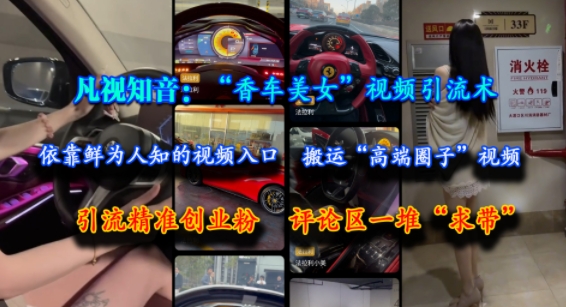 凡视知音：“香车美女”视频引流术，依靠鲜为人知的视频入口，搬运“高端圈子”视频，引流精准创业粉，评论区一堆“求带”-辰风资源站