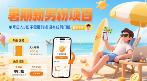 暑期新男粉项目 单号日入5张 不需要剪辑  没有任何门槛-辰风资源站