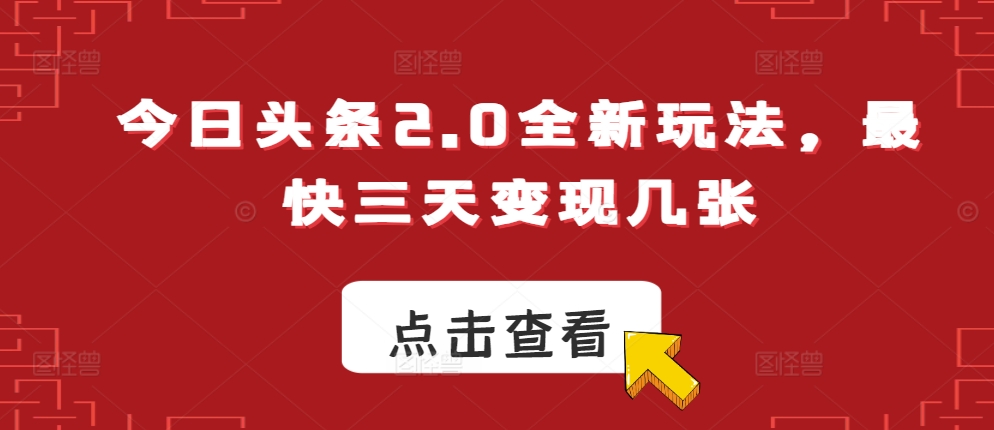 今日头条2.0全新玩法，最快三天变现几张-辰风资源站