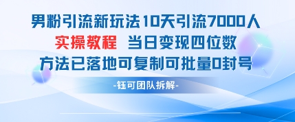 男粉引流新玩法10天引流7000人当日变现四位数可复制可批量0封号-辰风资源站