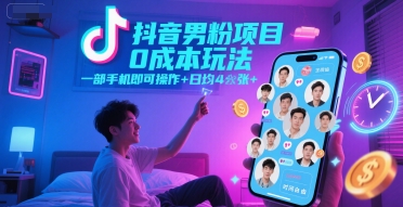 抖音男粉项目0成本玩法，一部手机即可操作，日均4张+，时间自由-辰风资源站