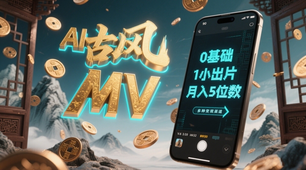 AI一键生成古风音乐MV，0剪辑基础1小时出片，多种变现渠道，一部手机月入5位数-辰风资源站