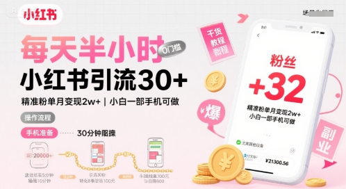 每天半小时小红书引流30+，精准粉单月变现2w+，小白新手一部手机可做，今天5分钟硬核实操-辰风资源站