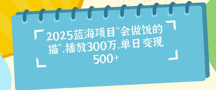 2025蓝海项目“会做饭的猫”，播放300万，单日变现多张-慕云辰风博客