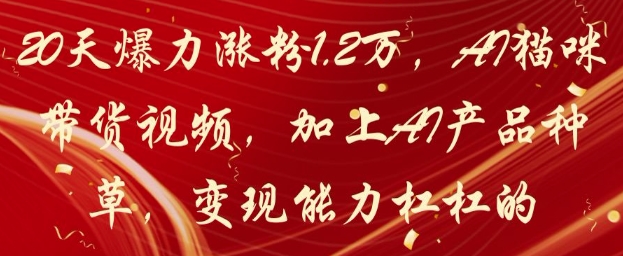 20天爆力涨粉1.2W，AI猫咪带货视频，加上AI产品种草，变现能力杠杠的-辰风资源站