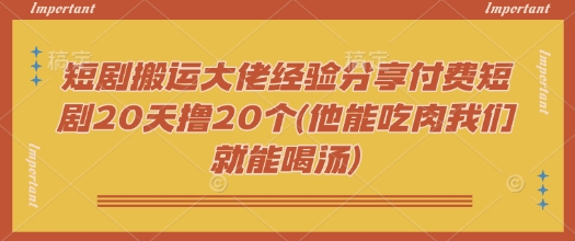 短剧搬运大佬经验分享付费短剧20天撸20个(他能吃肉我们就能喝汤)-慕云辰风博客