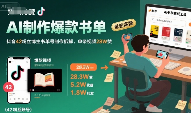 AI制作爆款书单，抖音42粉丝博主书单号制作拆解，单条视频28W赞-辰风资源站